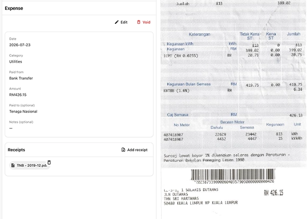 Every expense, with the receipt attached